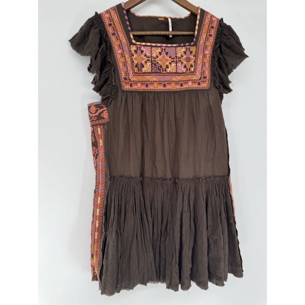 Free People Day Glow Embroidered Mini Dress Bitter Olive Brown XS‎ Boho festival